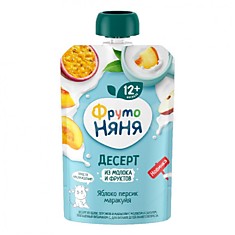 Пауч ФрутоНяня яблоко, персик, маракуйя с молоком и сахаром 90гр с 12мес