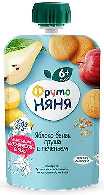 Пауч ФрутоНяня яблоко, банан, груша, печенье  90гр с 6мес