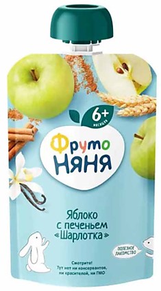 Пауч ФрутоНяня "шарлотка" яблоко с печеньем  90гр с 6мес
