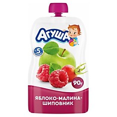 Пауч Агуша яблоко, малина, шиповник 90гр с 6мес.