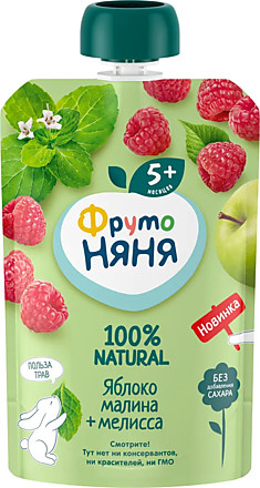 Пауч ФрутоНяня яблоко, малина, мелисса 90гр с 5мес